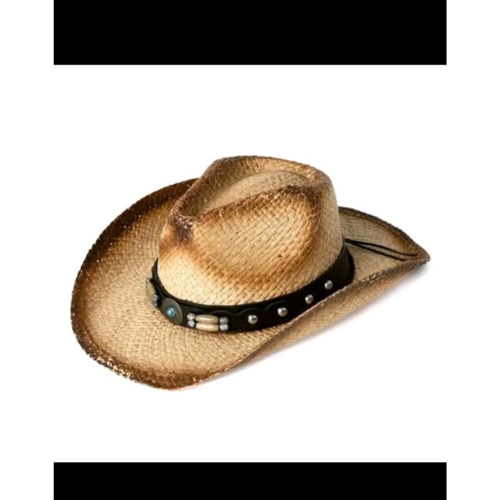 Western Style Round‎ Cowboy Straw Hat Ladies Fedora Chin Cord XL Turquoise Gem